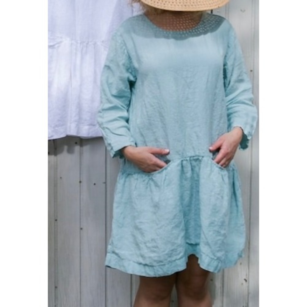 Vikolino 100% European Linen Mary Jay Dress Light Blue Button Back M/L Lagenlook